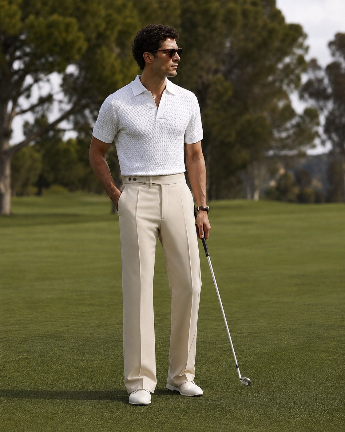 The KERCHER Golf polo and trousers, worn on the course